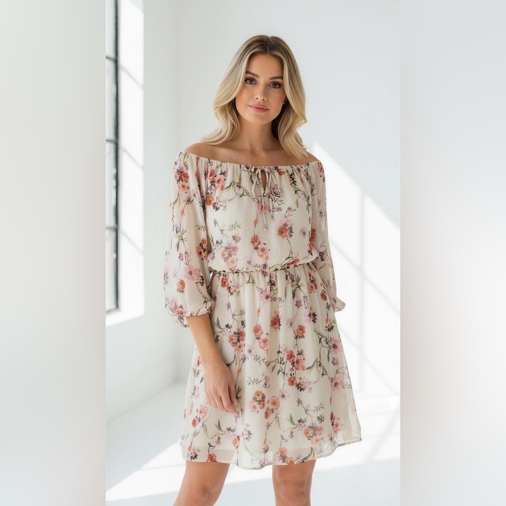 Adrianna Papell Floral Long Sleeve Dress - Cream and Pink. CAJA. # 1